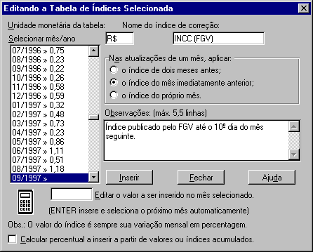 Caixa de dilogo de edio de tabela de ndices mensais.